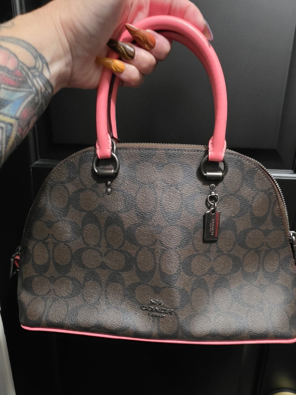 Coach Brown Signature Dome Satchel with Pink Handles